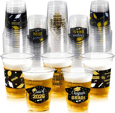 Black and Gold Graduation Decorations 2026 Party Cups - 50pcs 12 Oz Black Gold D