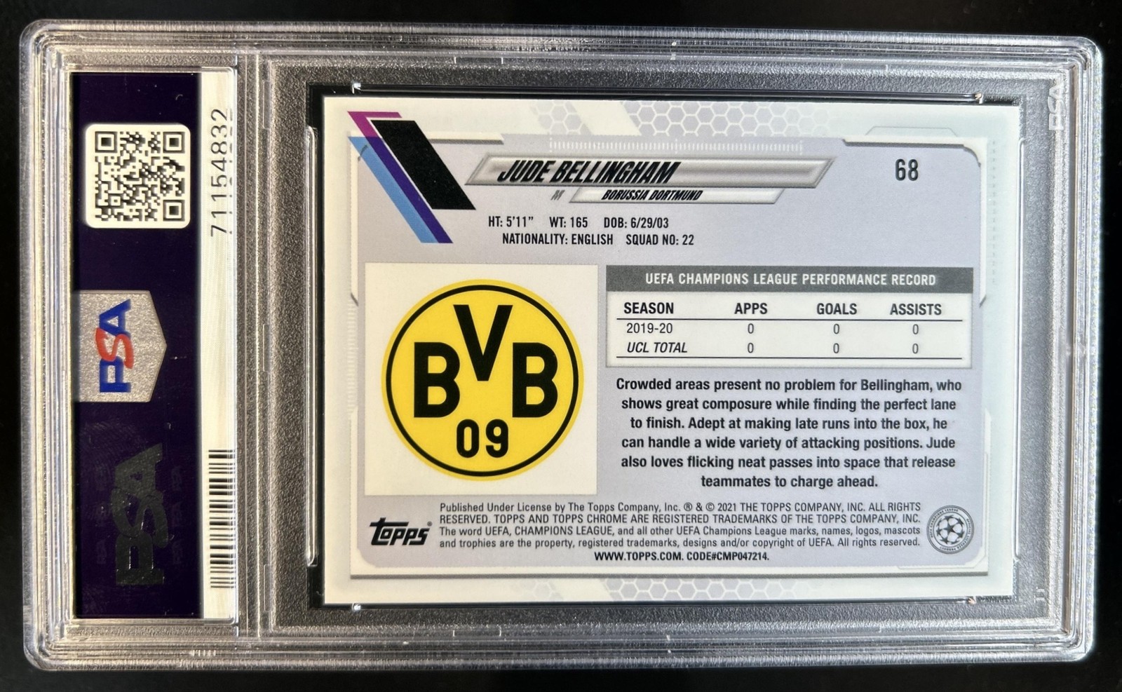 2020 Topps Chrome Sapphire UEFA Jude Bellingham RC Rookie #68 Dortmund PSA 10 view 2