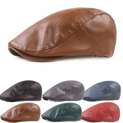 Men s Faux Leather Newsboy Ivy Flat Cap Driver Hat Vintage Golf Cabby Style