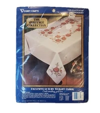 Vtg Vogart Crafts Roses TABLECLOTH Pink Green 8735G Stamped 52x70 Embroidery NOS