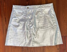 Zara Metallic Silver Raw Hem Mini Skirt Asymmetrical Slanted Buttons Women's Med