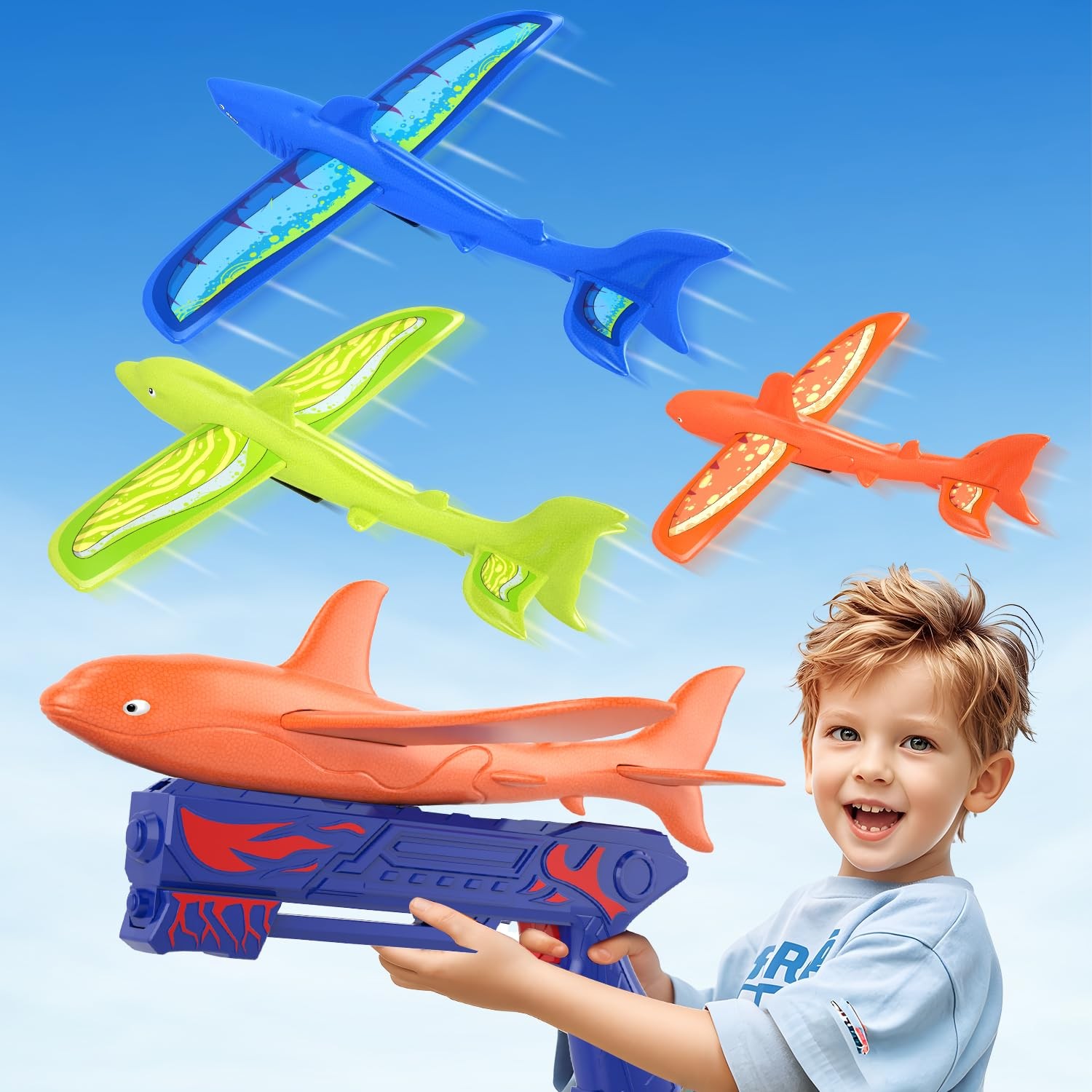 UNCANZEA 3-Pack Ocean Foam Glider Airplane Launcher Set with Fluorescent Design