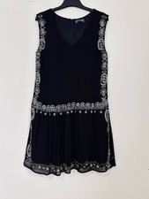 Gryphon beaded V-neck sleeveless drop waist retro cocktail party black dress S