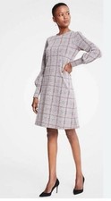 Ann Taylor Gray Wine Red Plaid Knit Cuffed Sleeve Shift Dress Size L