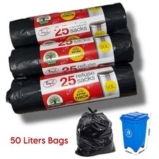 50L Extra BLACK Pedal Bin Liners Pack of 1/2/3 with Tie Handles (Every Pk 10/25)