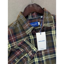 JACK JONES Originals Mens Medium Plaid Flannel Shirt Long Sleeve Brown