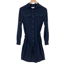 Calvin Klein Navy Shirt Dress Size 2 Womens Roll Tab Sleeves Belted Button Front