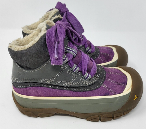 Keen Leather Mid Boots Gray Purple Kids Size 8 Eu 25 Cap Toe Snow Boots - Picture 3 of 8