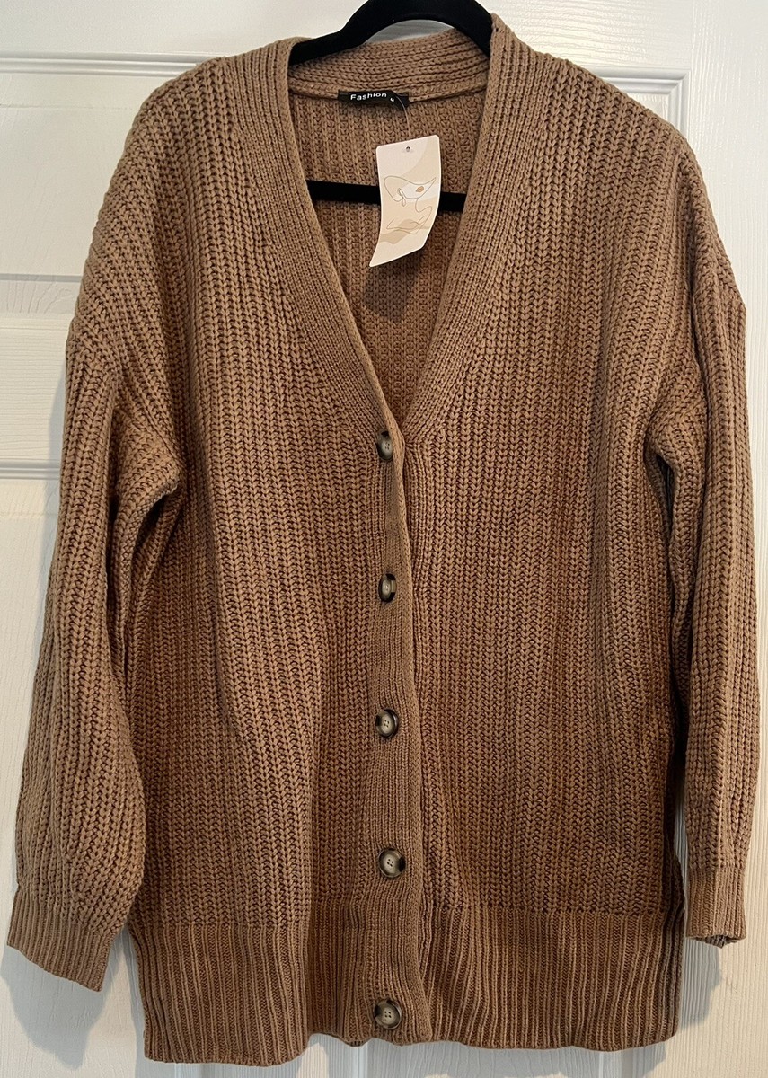 Women's Long Sleeve Oversized Knit Sweater Cardigan Tan Size S
