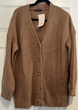 Women's Long Sleeve Oversized Knit Sweater Cardigan Tan Size L