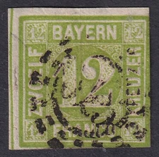 BAVARIA 1862 Numeral 12k Yellow-Green SG 30 Used (CV £130)