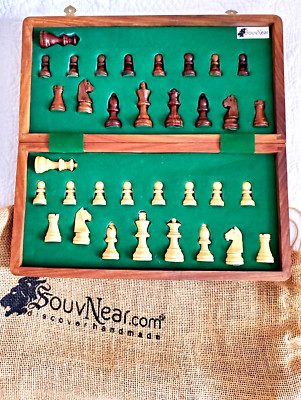 Handmade Magnetic Wooden Chess Board & Chessmen Set with Extra Queens 12.5x12.5