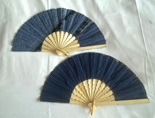 2 Blue Fans Hand Bamboo Cloth Handmade Indonesia New Avenico Abenico 628Q