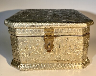 Wooden Box With Ornate Punched Metal Overlay Blue Velvet Lined