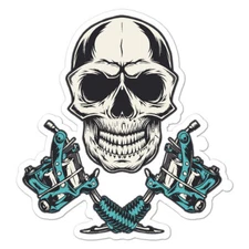 Skull Tattoo Machine, Vinyl Decal Sticker, Indoor Outdoor, 3 Sizes, #9523