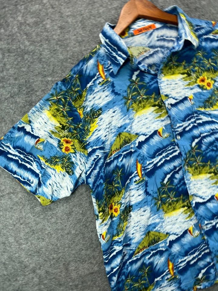 Camisa de surf hawaiana Sun Fusion para hombre grande azul rayón abotonada manga corta Foto 4 de 4