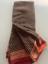 NWT 100% Silk Crepe Saree RITU KUMAR Style Black Red Floral Motif Diwali Pick 1