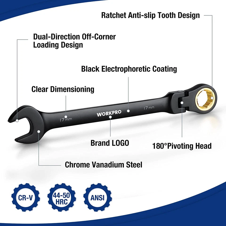 WORKPRO 8PCS Ratcheting Combination Wrench Set Metric 8-17mm Flex-Head Wrench - Image 4 of 4
