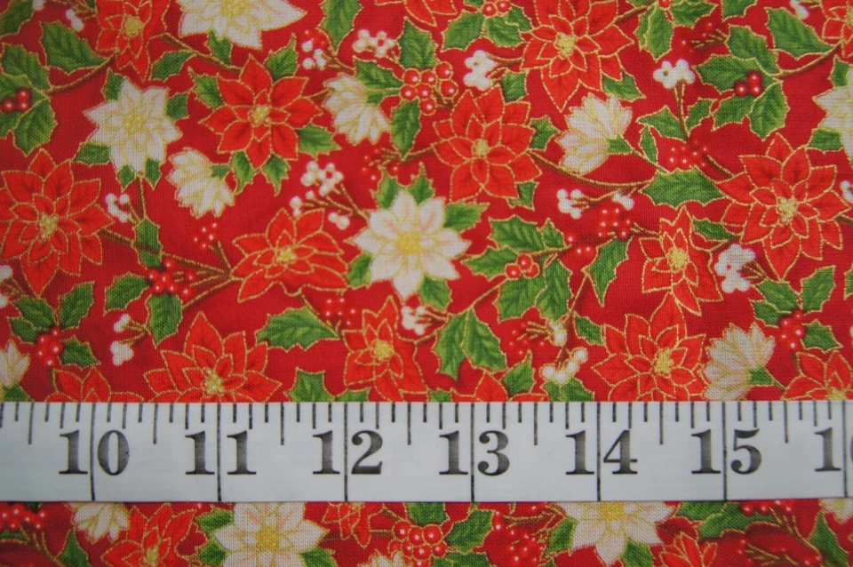2 Yards Red White Poinsettias Cotton Quilting Fabric 74" X 44" - Image 2 of 2