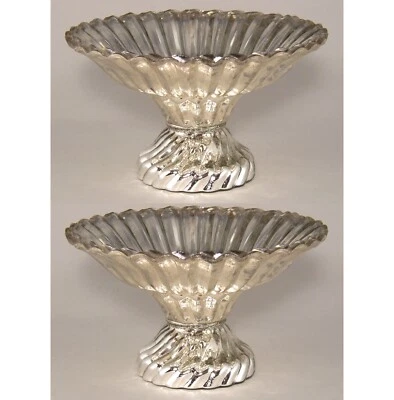 Compote Bowl Vase Glass Silver Mercury Cone 8"Dia 5"High Set/2 - Photo 1/2