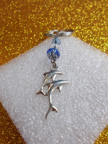 CUTE TWIN DOLPHIN CHARM ON A CRYSTAL BEAD KEY RING NEW # 331 K - Picture 3 of 14