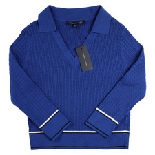 Tommy Hilfiger Sweater Womens S Blue Cable Knit Collared V-Neck Cotton 69 NEW