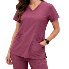 Adar PRO Heather Scrub Top Women Small Mauve Wine V-Neck Pocket Medical