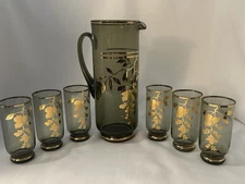 Bohemian Glass Pitcher and 6 Tumblers, Olive Green with Gold Trim