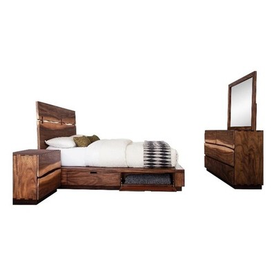 Zeko 4pc Queen Bedroom Set with Storage- Live Edge Smoky Walnut Brown