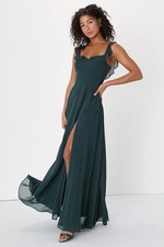 Lulus Dreamy Admiration Maxi Dress Sz Medium Emerald Green Ruffled Chiffon Gown