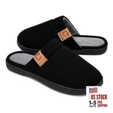 Men's Memory Foam Slippers with Fuzzy Plush Lining, Slip on 9-10 Dark Black
