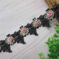 100Cm Vintage Pearl Rose Flowers Lace Trim Fabric Rhinestone Embellishment Flora