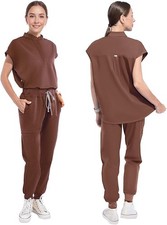 Stand Collar Women Nurse Uniform Suit Women Medical Scrubs Top and Pants Brown