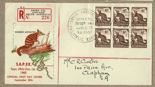 Australia 1960 SAPEX  PO Registered FDC Block 6 Anteater Cover