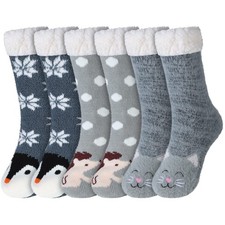 3 Pairs Women Fuzzy Slipper Socks with Grips Winter Warm Soft Cute Cat Animal