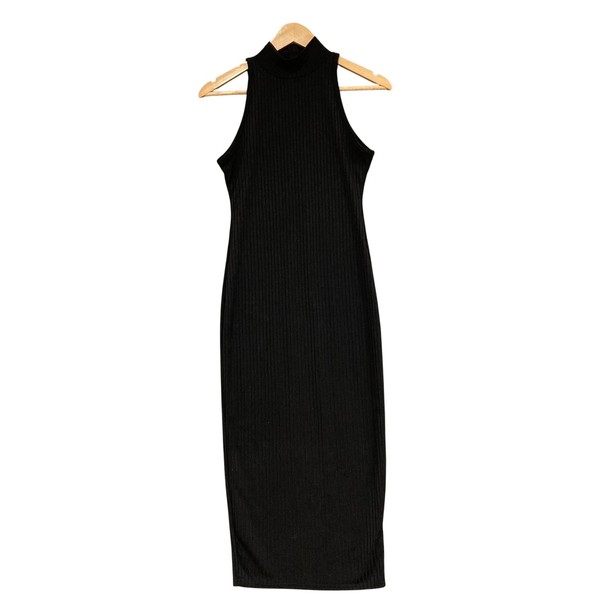 Nasty Gal Dress Womens 8 Black Ribbed Bodycon Midi Sleeveless Mock Neck Stretch