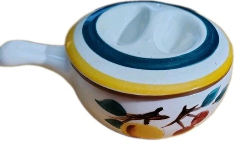 Vintage Decorative Stangl Soup Bowl/Casserole W/Lid Long Handle. Fruit Pattern.