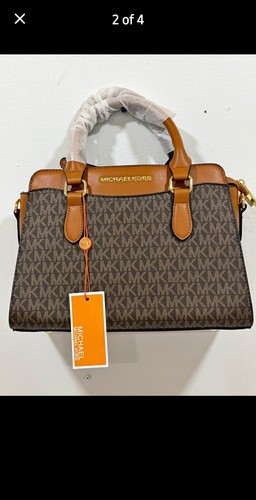 Michael Kors Brown MK Logo Satchel Top Handle Zip Bag w/ Charm Gold Hardware