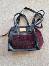 Lipsy Faux Leather And Fur Handbag, Black/burgundy/gold