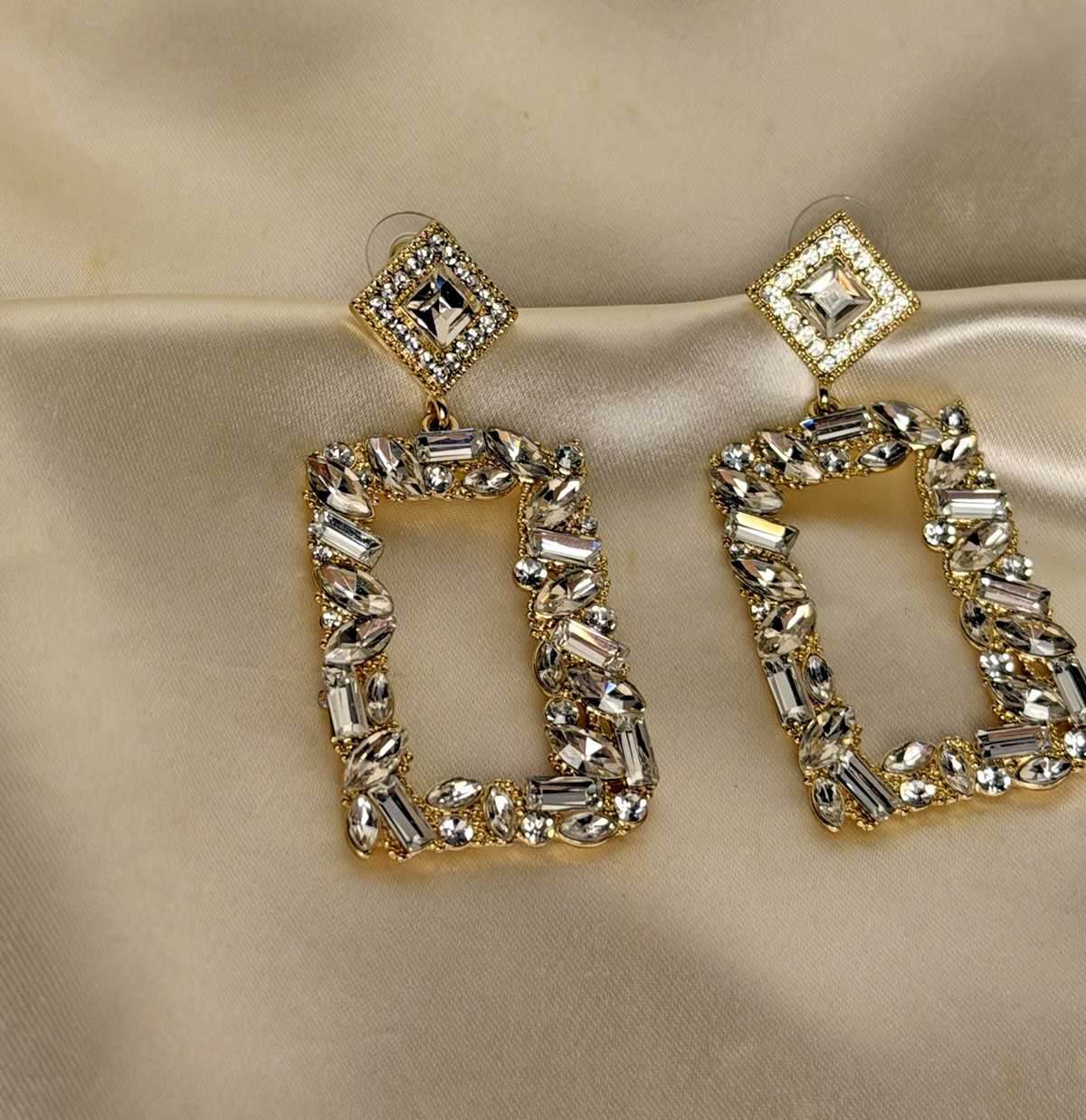 Gold Tone Rectangular Rhinestone Drop Earrings – … - image 2