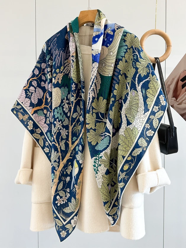 70% Cashmere 30% Silk Wrap Scarf Forest bird Print Double Face Print Shawl 53'' - Image 2 of 4