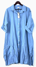 New Cristina Vergani Made In Italy Linen Blue Button Up Collared Shirt Dress 2X