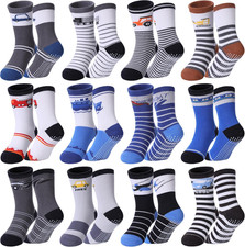 Toddlers Boys Non Slip Grip Socks Crew Cotton Socks with Grippers - 12 Pairs