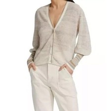 Veronica Beard Cardigan Sweater XS Beige Linen Blend Puff Striped Cuff Sleeve