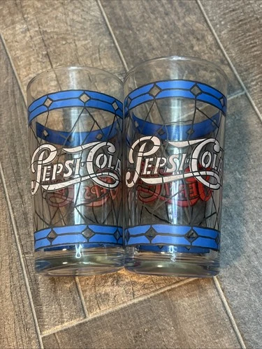 Lot of 2 Vintage Pepsi-Cola Tiffany Style Stained Glass Drinking Glasses