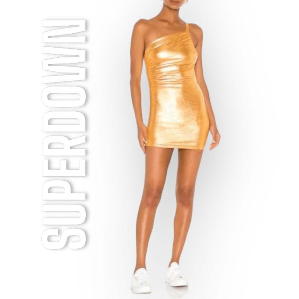 Superdown Elsa One Shoulder Gold Metallic Bodycon Mini Dress, Womens Medium