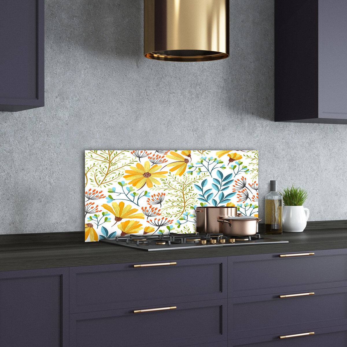 Panneau Déco Cuisine Sur Verre Tulup 100x50cm - Grue Et Fleurs, Style Moderne Bleu