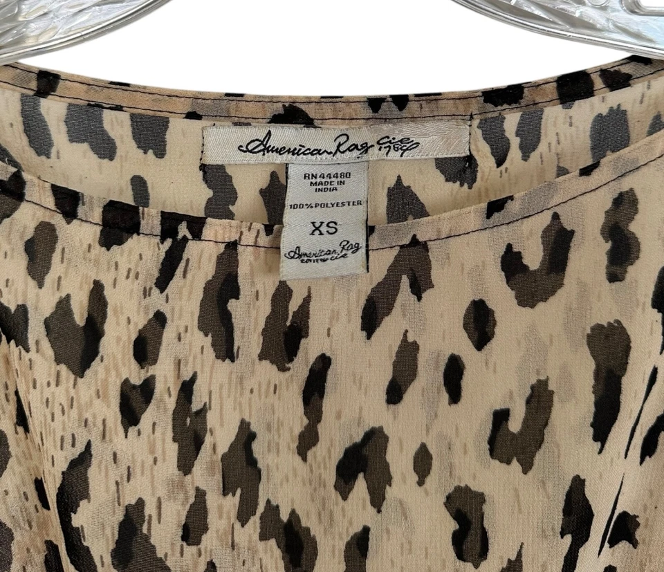 American Rag Women's Leopard Print Blouse Smocked Waist Sheer Size XS Tan Brown - Image 3 of 4