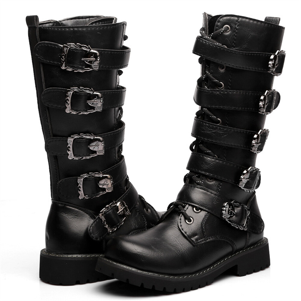 Men's Leather Motorcycle Boots Side Zipper Waterproof Punk Boot | eBay