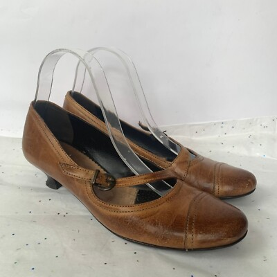 #ad Punto Zero Brown Leather Round Toe Mary Jane Kitten Heels Angled Strap 39 8 8.5 $70.99